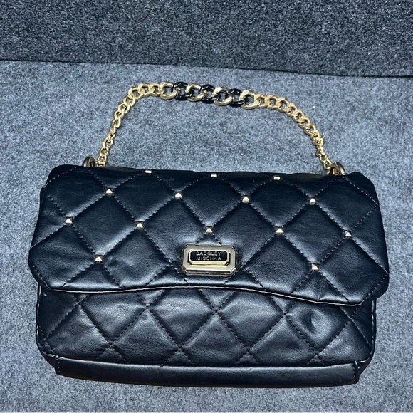 Badgley Mischka Black Quilted Shoulder Bag Gold Chain Strap Studded Purse - Picture 1 of 14